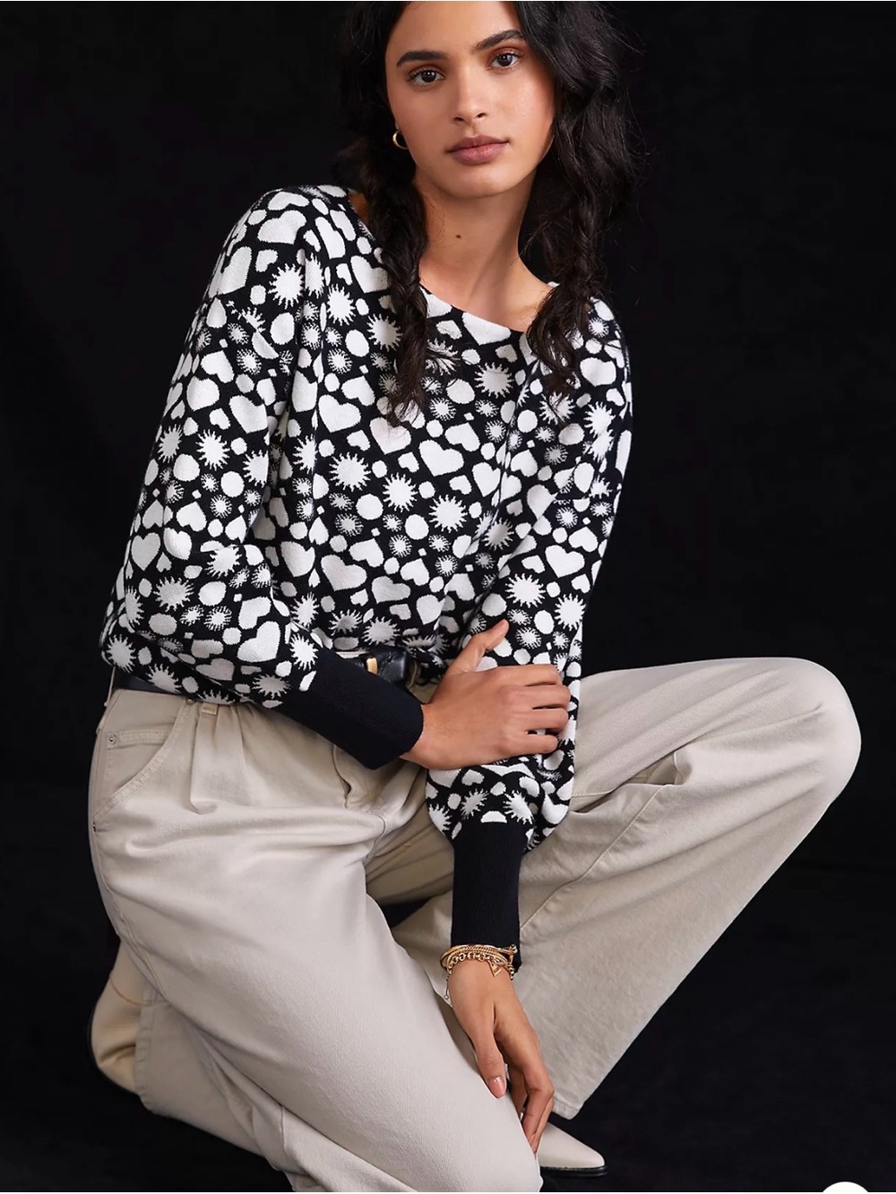 Maeve Anthropologie Black White Heart Sweater Jumper Size M Boatneck